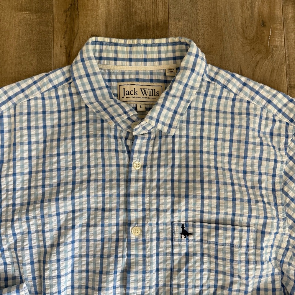 Jack Wills Classic‎ Fit Long Sleeve Button Up Men Large Seersucker Check Blue
